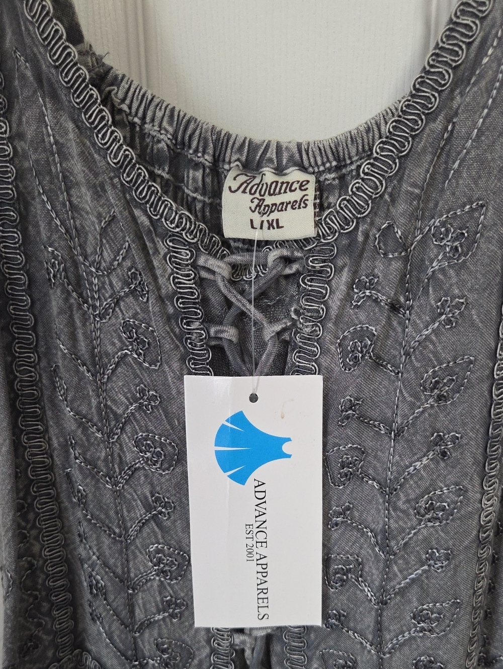 Advance Apparels Gray Embroidered Lace-Up Boho dress, Brand New. Lg-XLG